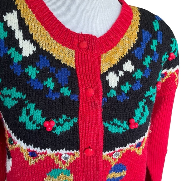 Vintage Red Christmas Cardigan Festive Holiday Patterns Women’s Medium - Picture 5 of 7